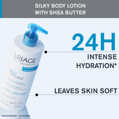 Applying Uriage Silky Body Lotion offers quick-absorbing hydration during daily routine.