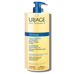 Uriage Xémose cleansing oil 1L bottle on shelf for gentle daily cleansing.