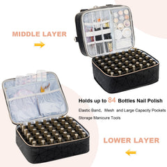 Uross nail polish organizer bag 84-bottle grid keeps bottles upright and secure.