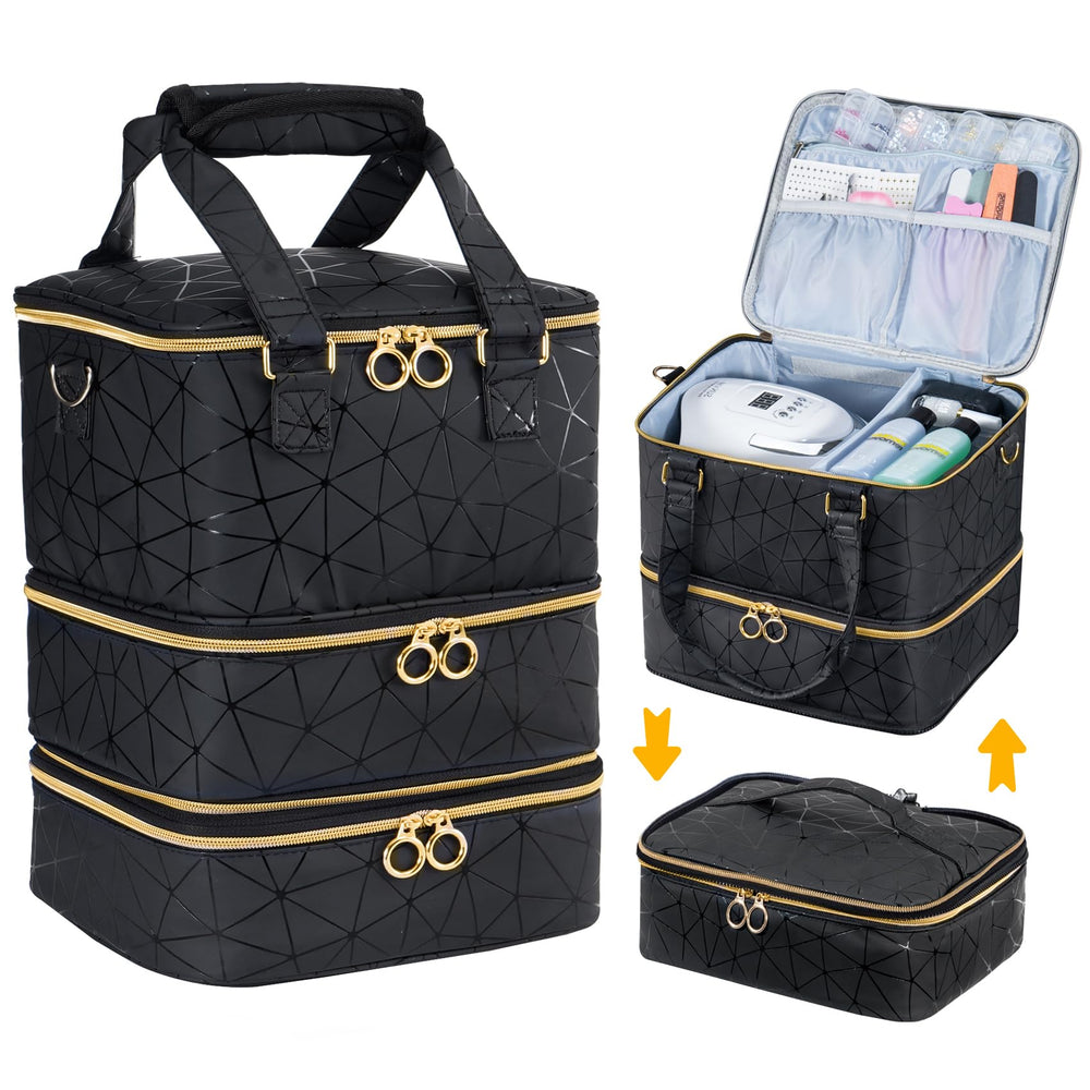 Uross Nail Polish Organizer Bag shows three-layer design for organized nail tools and polishes.