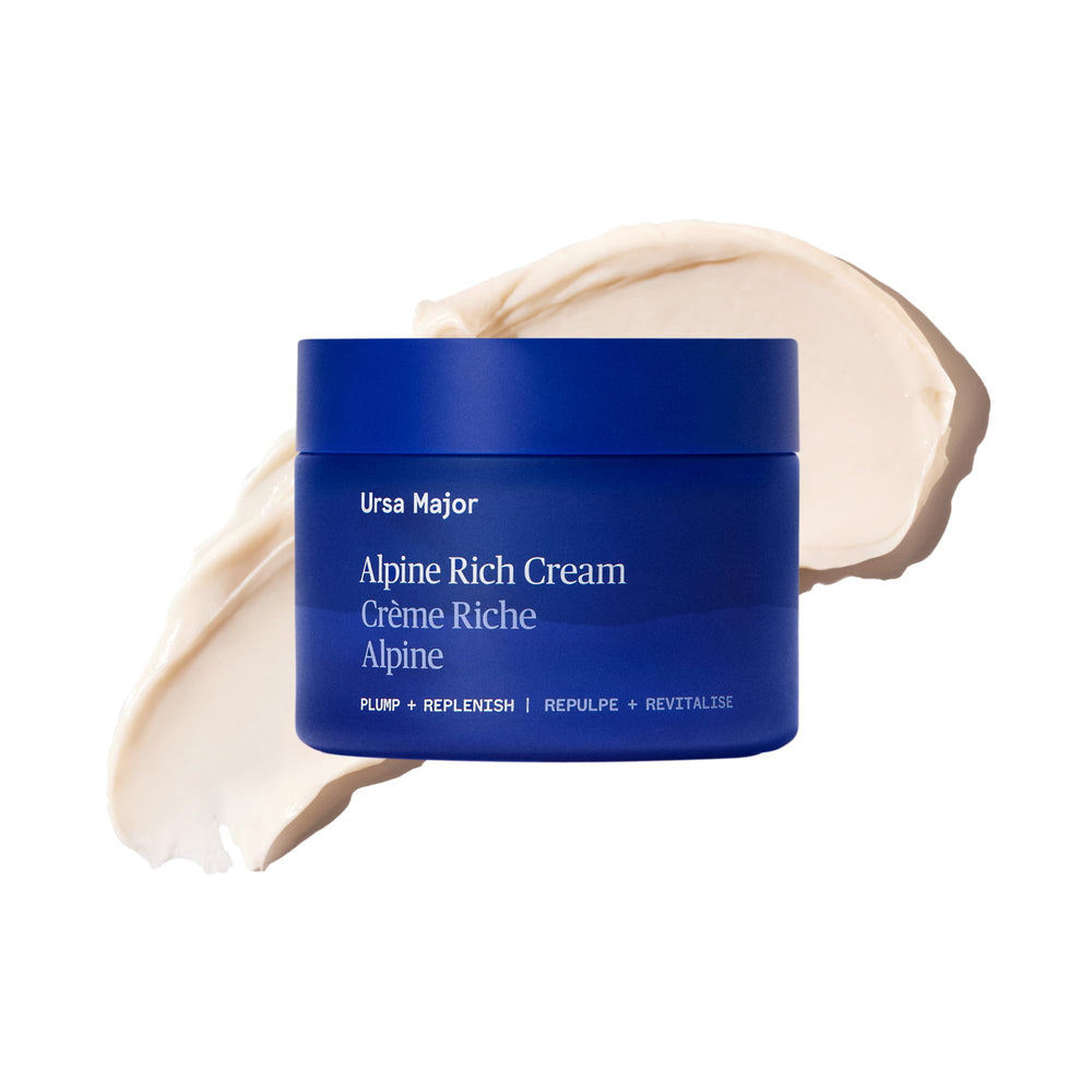 Ursa Major Alpine Rich Cream jar closeup highlighting creamy texture for deep hydration.
