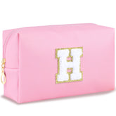 URSKYTOUS initial makeup bag in pink chenille for organized daily essentials