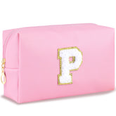 URSKYTOUS initial makeup bag pink chenille keeps cosmetics neatly organized on the go