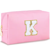 URSKYTOUS initial preppy makeup bag front view shows portable travel-friendly design and pink style