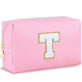 URSKYTOUS initial preppy makeup bag pink front view for daily makeup organization.