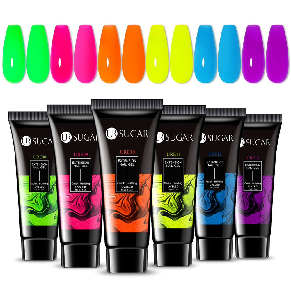UR SUGAR Neon Poly Extension Gel Nail Box with six neon colors for quick extensions.