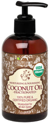 US Organic Fractionated Coconut Oil bottle shows lightweight hydration for skin and hair.