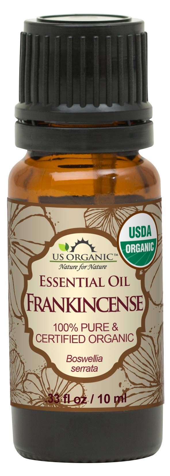 US Organic frankincense oil bottle closeup for calming aromatherapy ritual