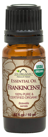 US Organic frankincense oil bottle closeup for calming aromatherapy ritual