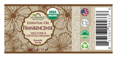 US Organic frankincense oil label closeup emphasizes USDA Organic certification