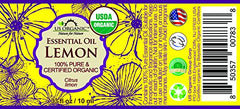 US Organic Lemon Oil label-closeup confirms USDA Organic status for cosmetics and cleaners.