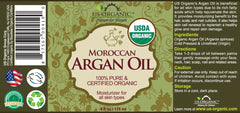 US Organic Moroccan Argan Oil amber-glass bottle shown on vanity for daily hydration