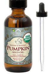 US Organic pumpkin seed oil amber bottle shows premium cold-pressed oil for skin and cooking