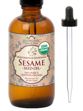 US Organic sesame seed oil in amber bottle ideal for daily skin hydration.