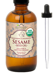 US Organic sesame seed oil in amber bottle ideal for daily skin hydration.