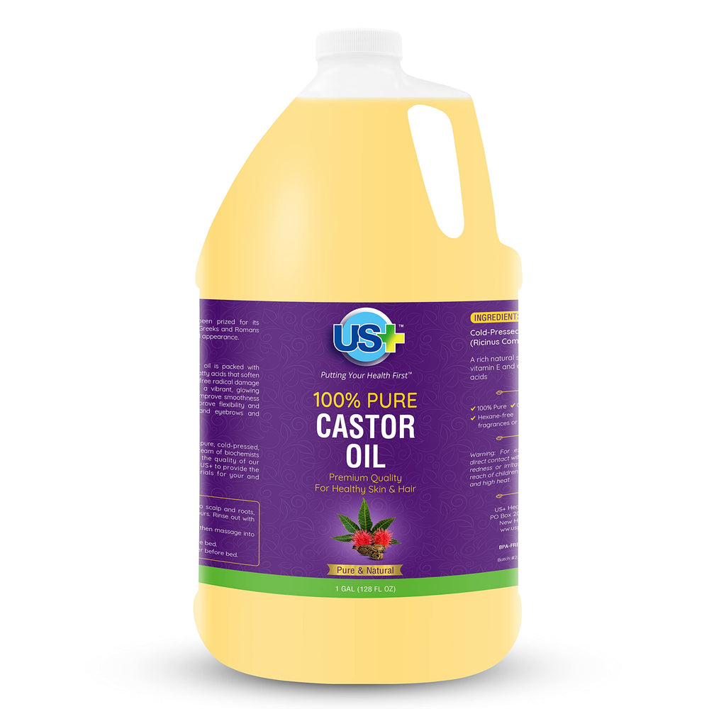 US+ Castor Oil bottle closeup for pure nourishment and purity