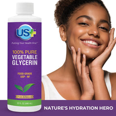 US+ USP-grade glycerin molecule closeup shows clear, premium quality.