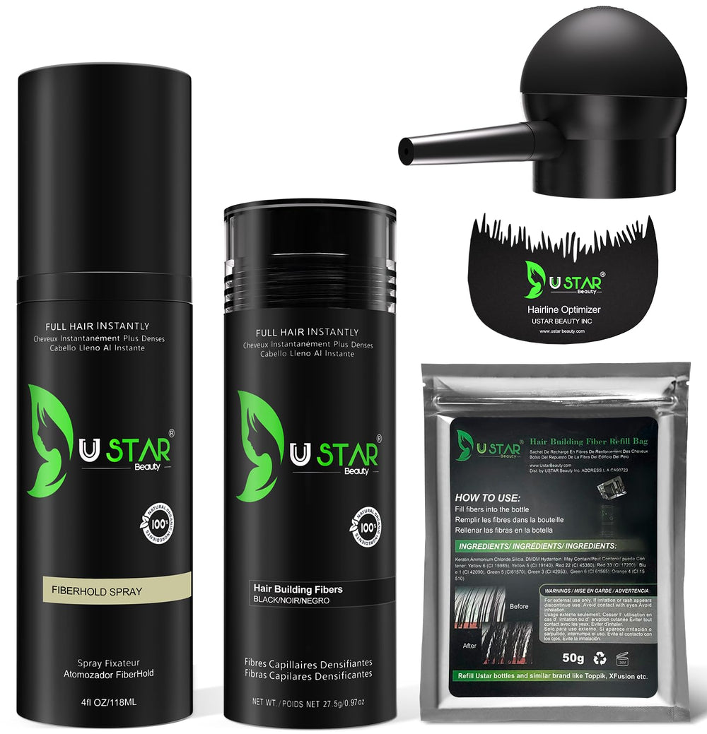 USTAR Hair Building Fibers bottle and applicator for precise application
