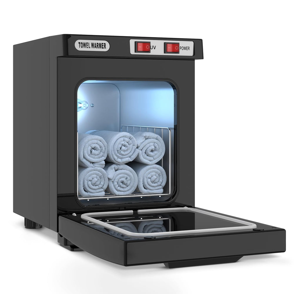 Utenzi hot towel warmer exterior in black finish, compact 5L design for spa or salon use.