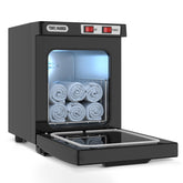 Utenzi hot towel warmer exterior in black finish, compact 5L design for spa or salon use.