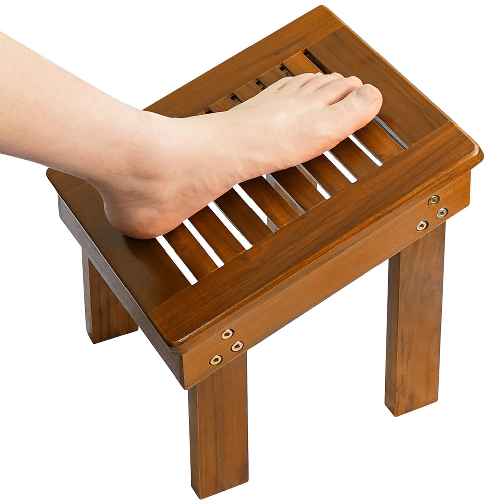 Utoplike Teak Wood Shower Foot Stool angled surface enables comfortable shaving.