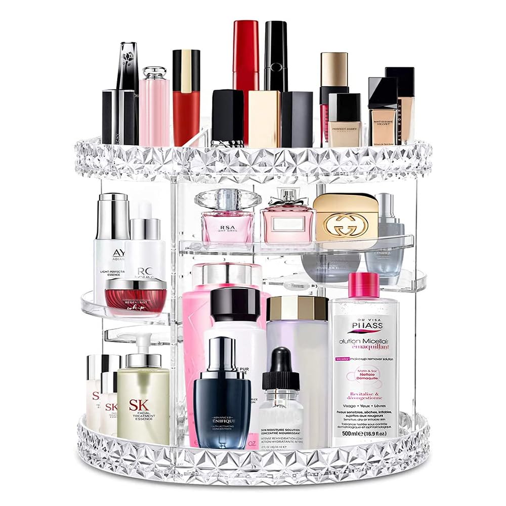 V-HANVER 360° rotating makeup organizer top view shows easy access to cosmetics for daily use