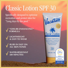 Vacation Classic Sunscreen Lotion SPF30 application demonstrates fast rub-in for all skin tones.