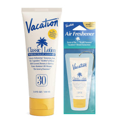 Vacation Classic Sunscreen Lotion SPF30 bottle shows lightweight, invisible finish on skin.