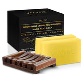 VALITIC brightening lemon-turmeric soap pack on display highlighting wellness-focused skin care.