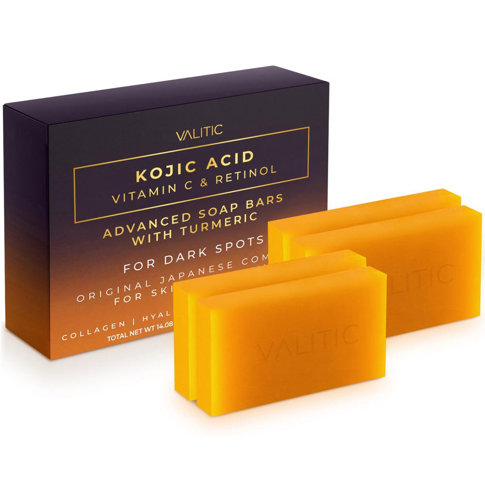 VALITIC kojic acid vitamin C retinol soap bar pack hero shows silky lather for daily brightening.