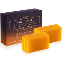VALITIC kojic acid vitamin C retinol soap bar pack hero shows silky lather for daily brightening.