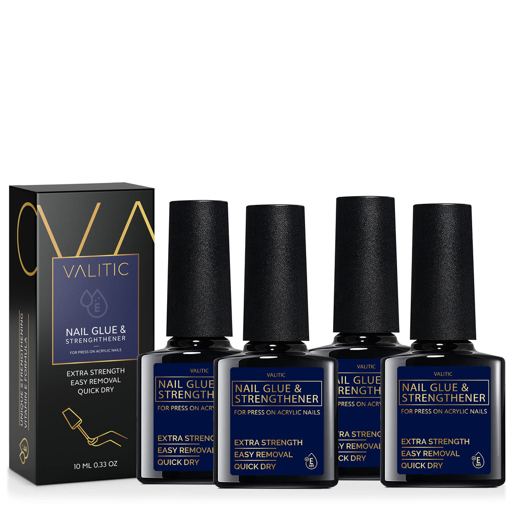 Valitic Strong Nail Glue front bottle shows a durable bond for acrylic and press-ons.