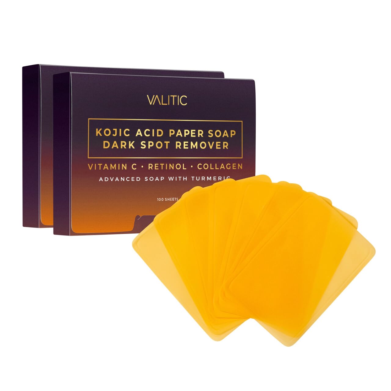 Valitic turmeric kojic paper soap pack front shows compact travel-friendly packaging.