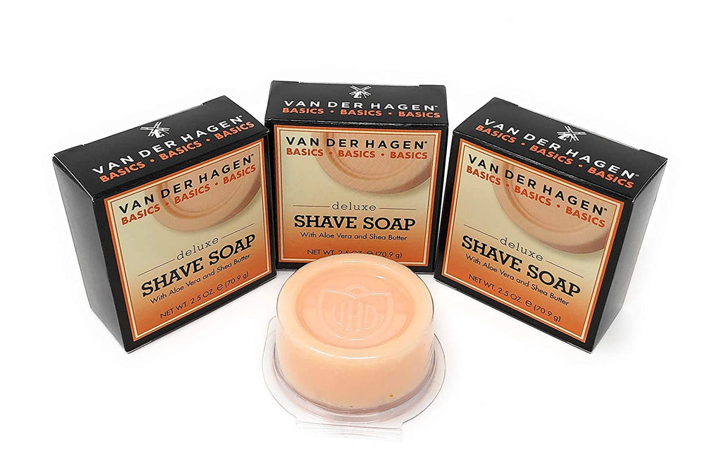 Van Der Hagen Deluxe Shave Soap 3-pack packaging for compact storage and value.