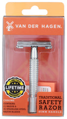 Van Der Hagen chrome safety razor close-up shows durable brass build and precise grip.