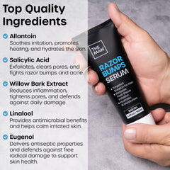 Vanibiss The Man Razor Bumps Serum closeup ingredients highlights exfoliating effects.