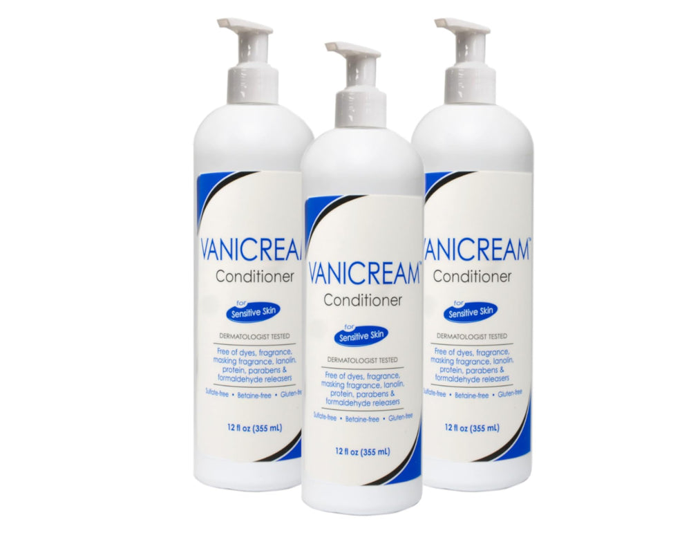 Vanicream conditioner pack-of-3 bottle closeup shows gentle, fragrance-free care for sensitive skin.