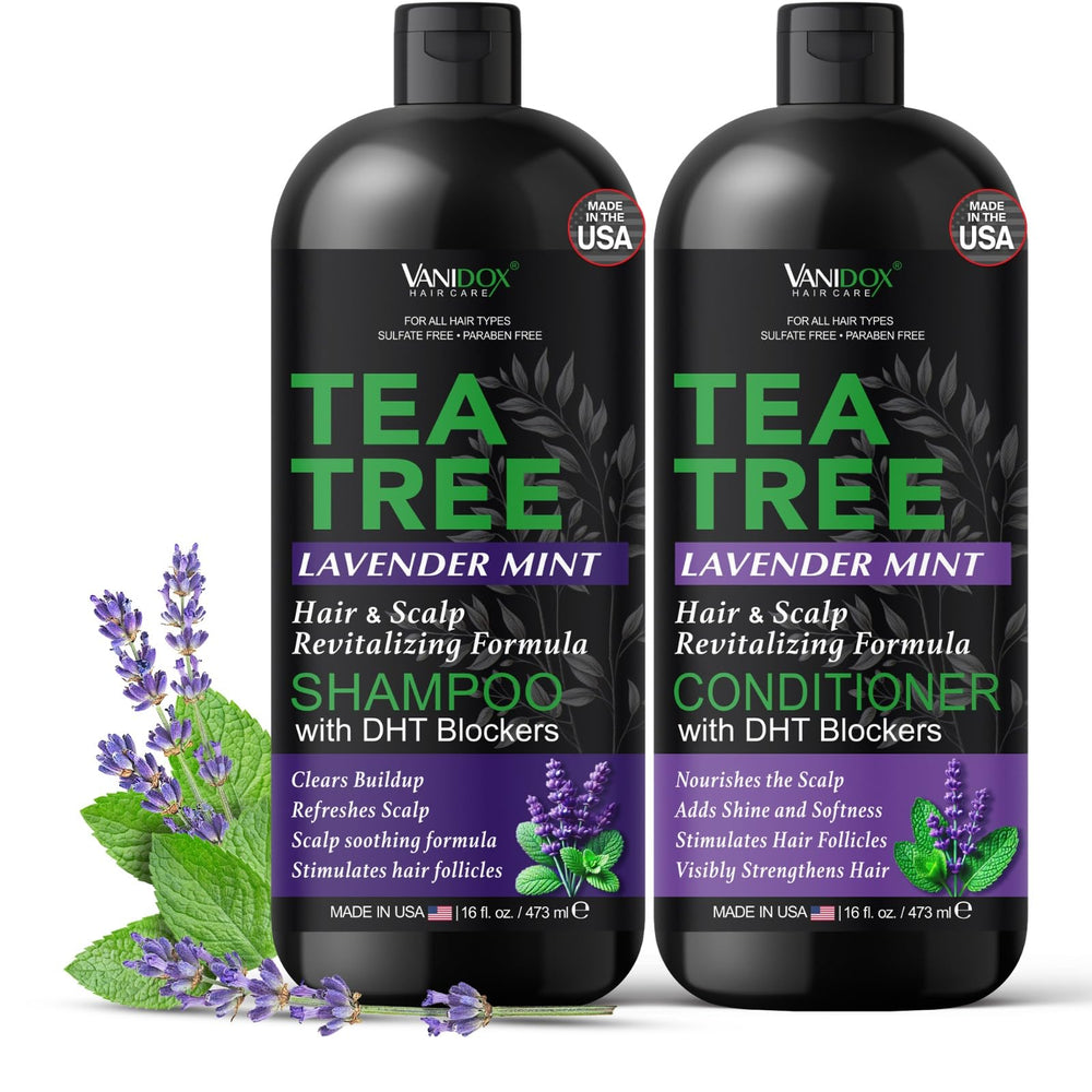 Vanidox Tea Tree Shampoo bottle delivers refreshing scalp cleanse and cooling aromatics.
