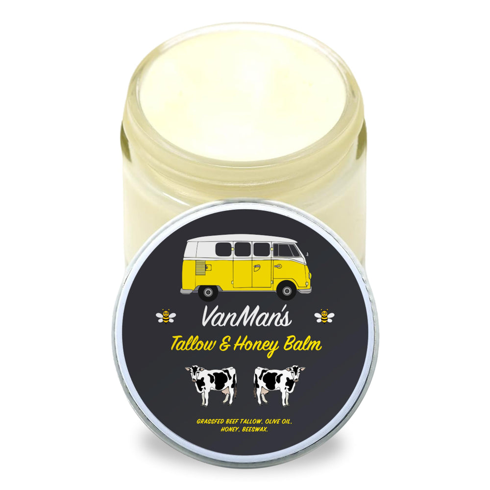 Vanman's Tallow and Honey Balm fragrance-free bottle hydrates sensitive skin.