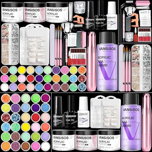 VANSISOS acrylic nail kit open packaging shows everything included for beginners