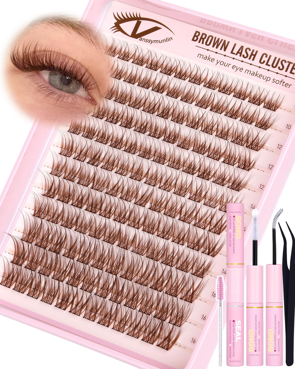 Vanssymunlin brown wispy lash clusters kit 10-16mm for natural fullness at home.