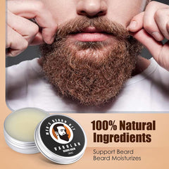 Varolan beard balm jar gleaming, softening beard hairs for a polished finish.