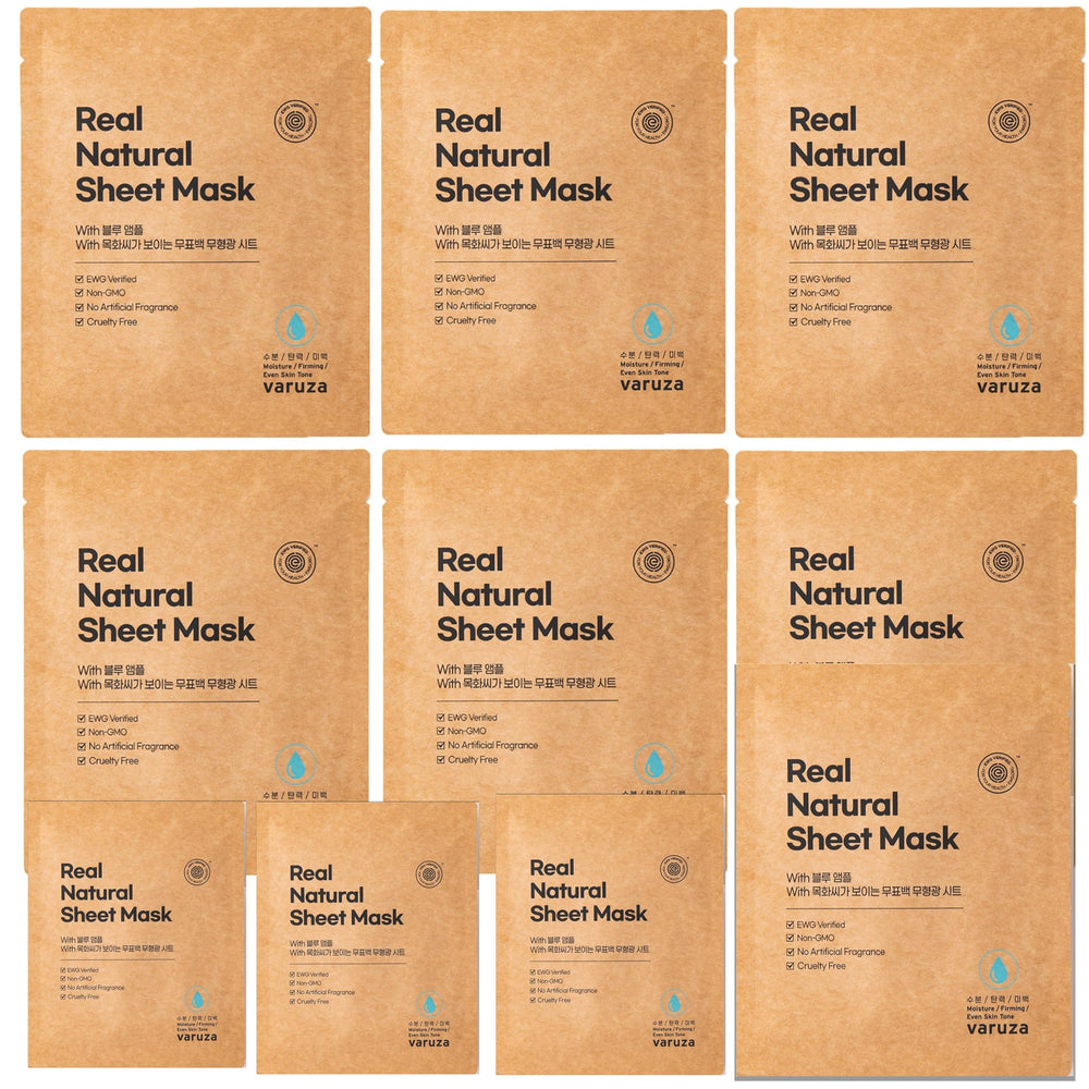 Varuza Real Natural Sheet Mask blue ampoule packaging signals premium hydration readiness.