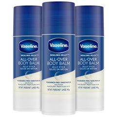 Vaseline All-Over Body Balm Stick 3-pack front view, portable fragrance-free moisture on the go.
