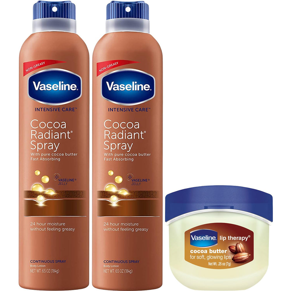 Vaseline Cocoa Radiant Spray Bottle for quick moisture and glow.