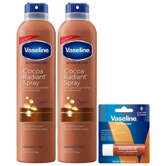Vaseline Cocoa Radiant Spray bottles shown for quick hydration on dry skin.