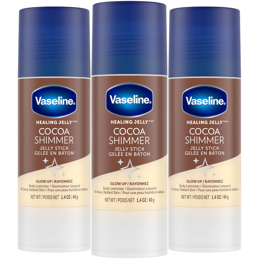 Vaseline Cocoa Shimmer Jelly Stick packaging shown as travel-friendly moisturizer