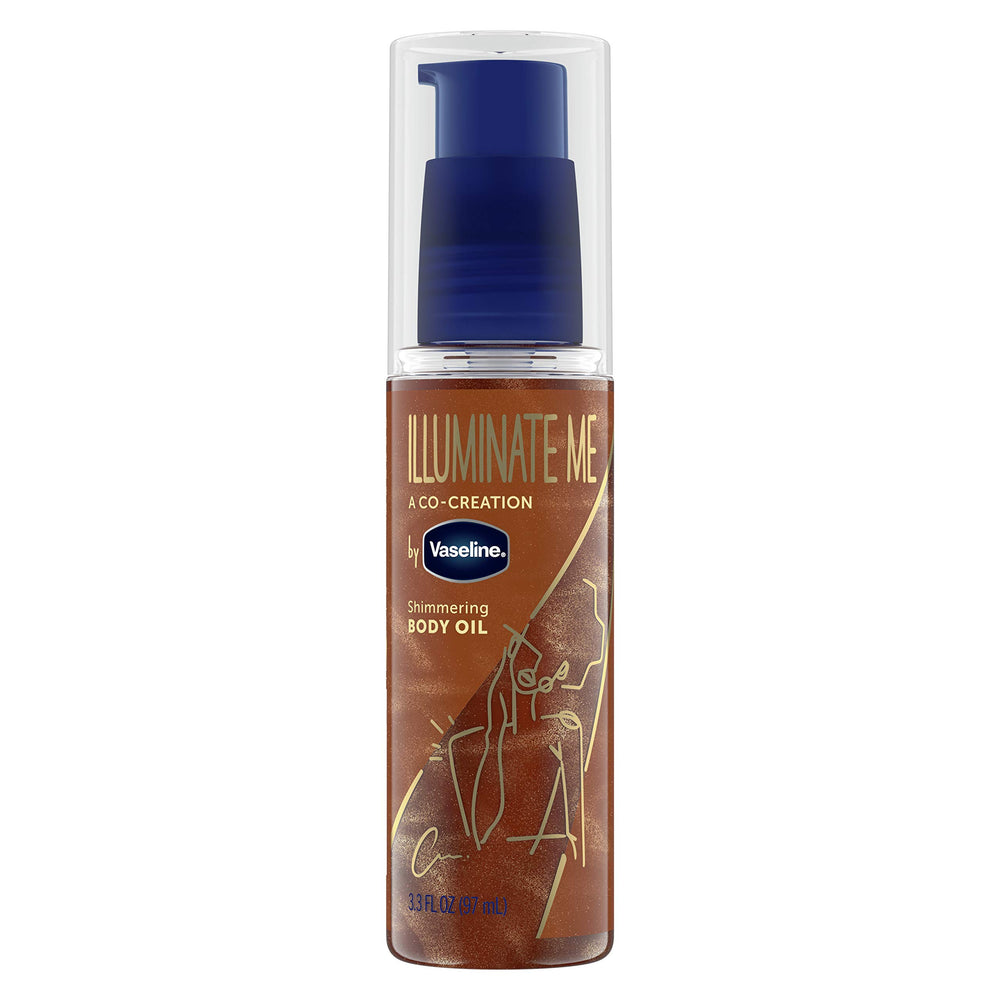 Vaseline Illuminate Me bottle-pour shows shimmering oil for glowing melanin-rich skin