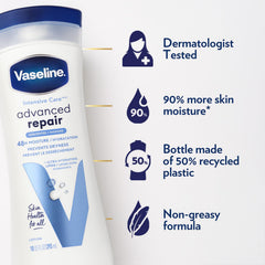 Vaseline Intensive Care Advanced Repair fragrance-free bottle back highlighting product details.