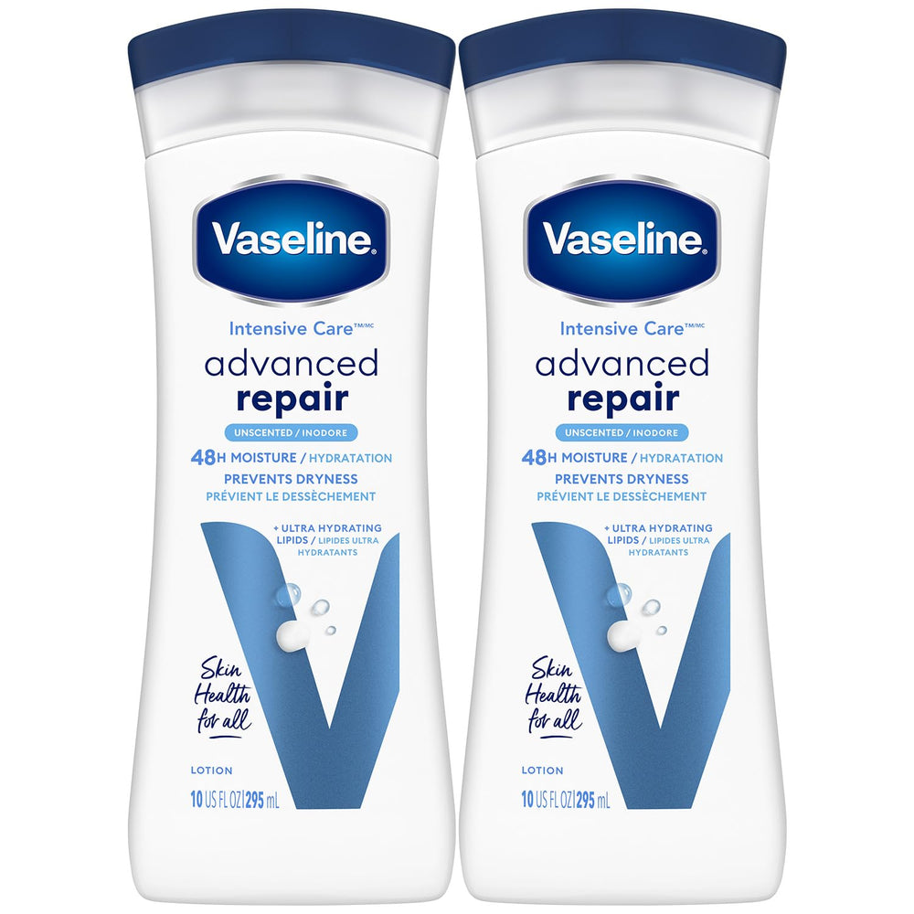 Vaseline Intensive Care Advanced Repair fragrance-free bottle front showing 2-pack hydration.
